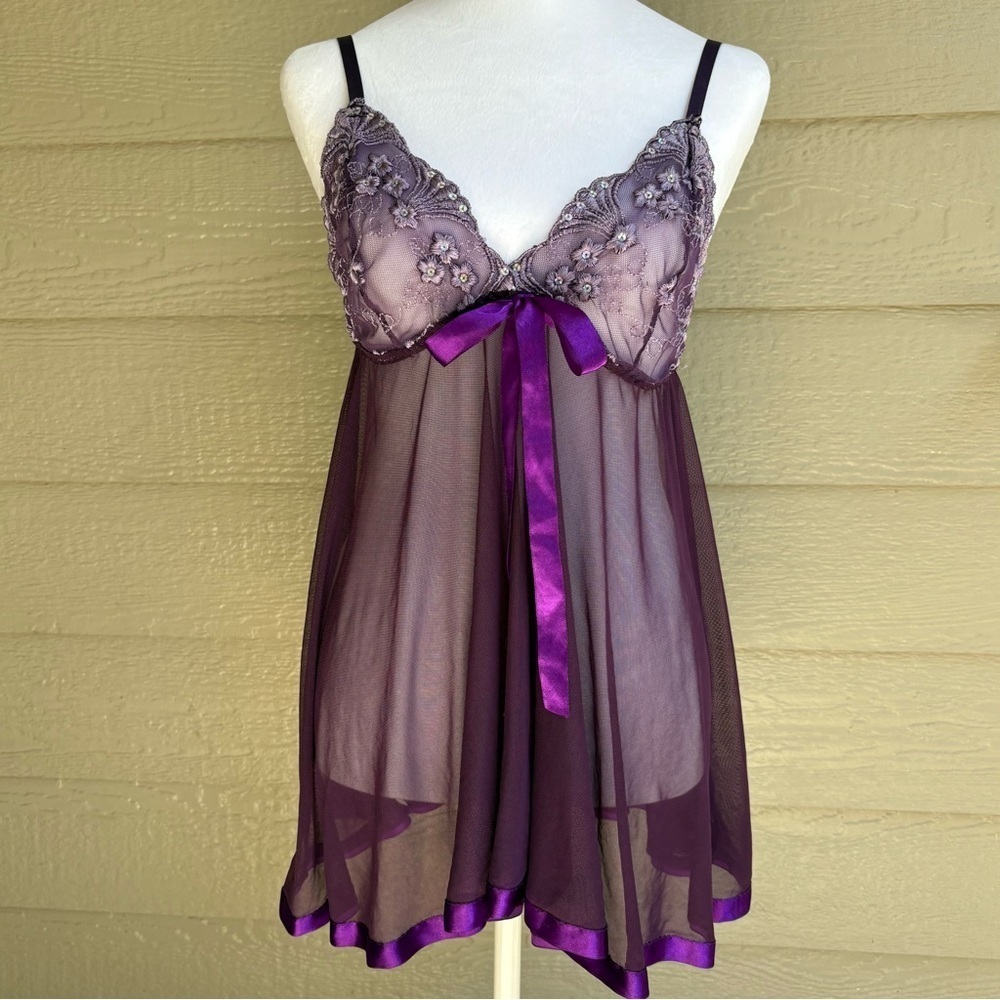 Womens Sheer Mesh Babydoll Mini Slip Dress Sequins Embroidery Purple Sexy 2XL
